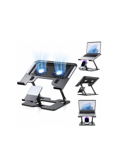 Karbon Çelik 3 İn 1 Notebook, Tablet Ve Telefon Standı, 12.9-17 İnç Laptop Ve Tablet İçin 2 Fanlı Soğutuculu Ergonomik Yükseltici, 4.7-12.9 İnç Telefon Tutucu, L07