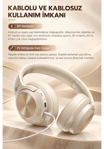Exenar - Bej - Lecoo Es208 Kablosuz Kulak Üstü Kulaklık Bluetooth 5.3 Katlanabilir Mikrofonlu 20 Saat Şarjlı Hafif