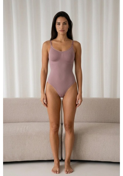 Kadın Kapsız Cırt Cırtlı Düz Desen Gül Kurusu Body