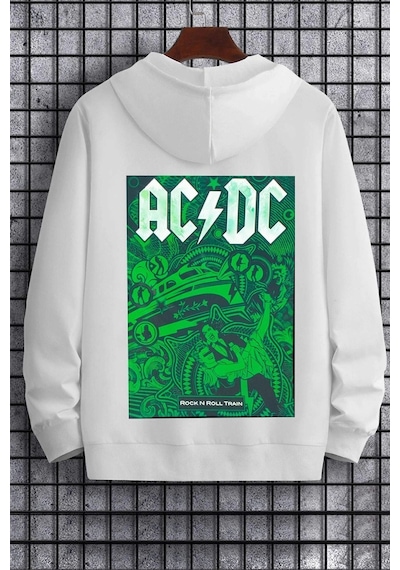 Uyguntarz Unisex Ac Dc Baskılı Kapüşonlu Sweatshirt beyaz
