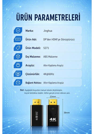 Displayport Dp Erkek - Hdmı Dişi Dönüştürücü Adaptör, 4k 60hz Ultra Hd Görüntü Ve Ses Aktarım Çevirici, Bilgisayar Monitör Tv Projektör Uyumlu, Altın Kaplama S271