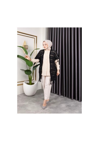 Hira Life Fashion Kadın Mevsimlik Saçaklı Ve Ajurlu Pamuk Triko Hırka Siyah Siyah