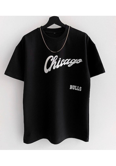 Flood Of Style Erkek Siyah Bulls Baskılı Oversize Bisiklet Yaka T-shirt