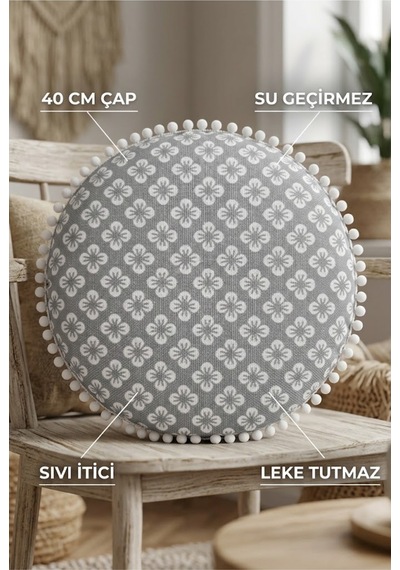 Sandalye Minderi Yuvarlak Gri Çiçek Desenli Ponponlu Leke Tutmaz Bahçe Sandalye Pufu 40cm Çok Renkli