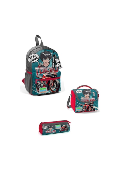 Minik Yuva Sırt Çantası Gri Nefti Anime Motorsiklet İki Bölmeli 3'lü Set 3set23564