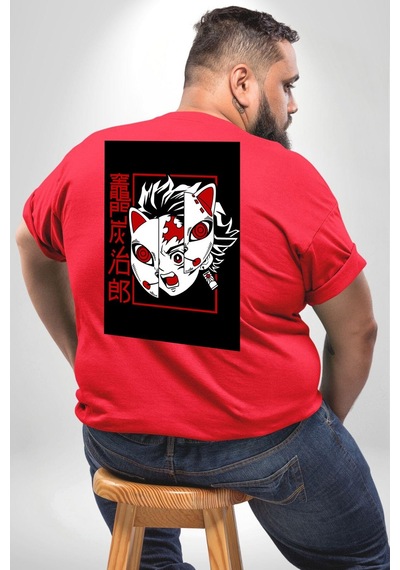 Angemiel Anime İblis Avcısı Kimetsu No Yaiba Maske Büyük Beden Kırmızı Tişört Kadın Erkek Ünisex Sırt Baskılı Kırmızı