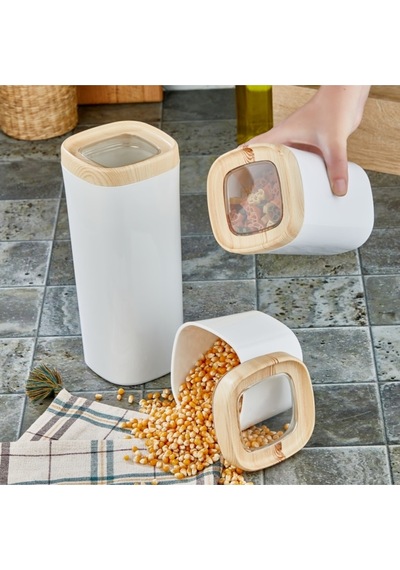 Ceylin Mugiss Saklama Kabı Ahşap Kaplama Beyaz 3'Lü Set 1800 - 1000 - 600 ML Beyaz