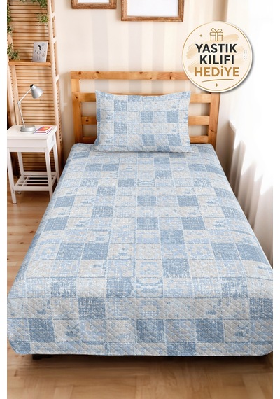 Mavi Geometrik Genç Odası Tek Kişilik Pike Takımı - Modern Beyaz 160x220 Cm Kapitone Yatak Örtüsü Mat Pencere İzi
