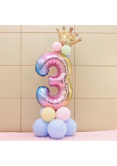 3 Yaş Gökkuşağı Rakam Ve Kral Tacı Folyo Balon Doğum Günü Çok Renkli