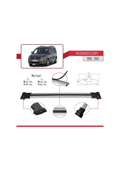 Volkswagen Caddy 2010-2015 Arası İle Uyumlu Fly Model Ara Atkı Tavan Barı Gri