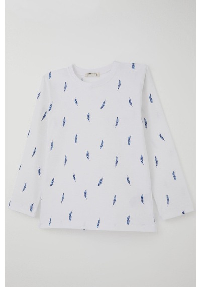 Breeze Erkek Çocuk Pijama Takımı Uçan Mavi Tüy Desenli 4-8 Yaş, Beyaz Beyaz