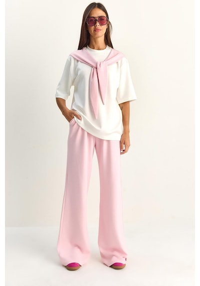 Shade Kadın Şal Detaylı Basic T-shirt Beli Lastikli Bol Pantolon Alt-üst Modal Takım 4116 60286084 - Pembe-beyaz Çok Renkli