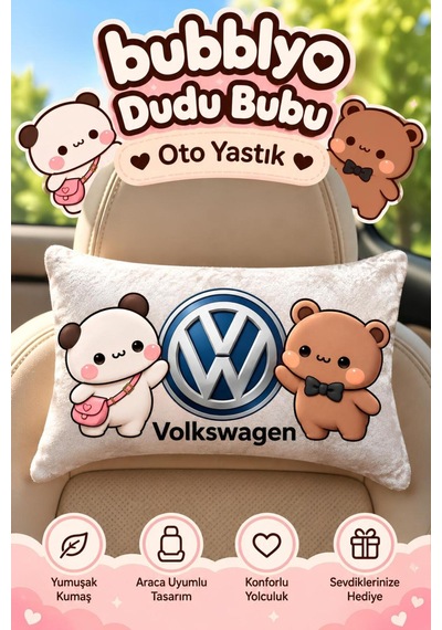 Bubblyo Volkswagen Temalı Dekoratif Oto Yastığı Sevimli Çift Tasarım Beyaz Beyaz