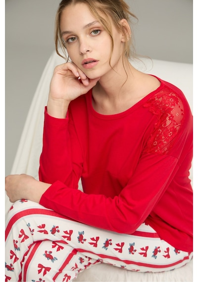 Siyah İnci Dantel Detaylı Örme Pamuklu Pijama Takım25240263 Kırmızı