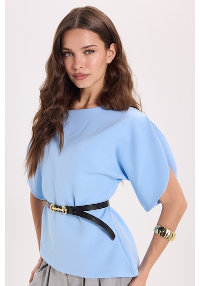 Tudors Kadın Slim Fit Dar Kesim Kol Detaylı İnce Kemerli Fermuarlı Mavi Bluz-51170