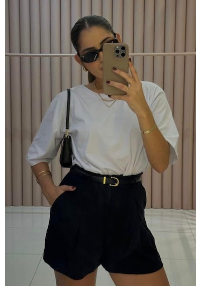 Madmext Siyah Yüksek Bel Wed Leg Pileli Kadın Mini Şort Mg2537 Siyah