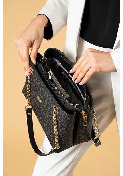 Just Polo Kadın Baskılı Uzun Ayarlanabilir Askılı Şık El Ve Omuz Çantası Shoulder Bag Siyah