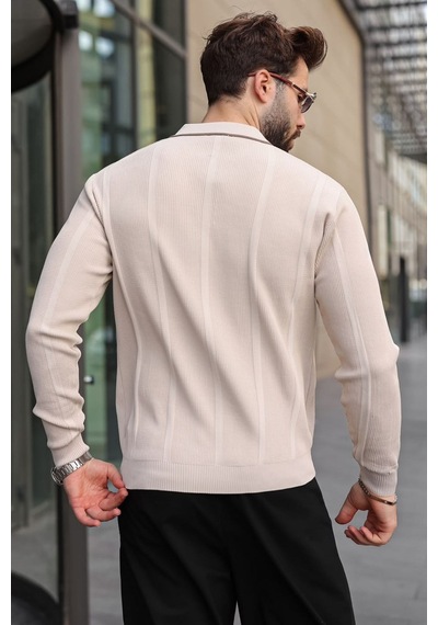 Madmext Taş Polo Yaka Yarım Fermuarlı Fitilli Erkek Triko Kazak E7515 Taş Rengi