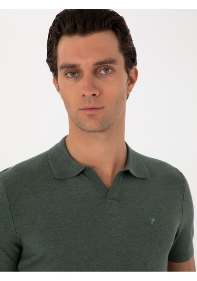 Koyu Yeşil Slim Fit Apaş Yaka Triko T-shirt