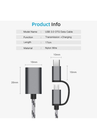 USB 3.0 OTG To Type C + Micro USB Data Şarj Çevirici Dönüştürücü