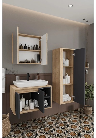 Lale 70 Cm Set %100 Mdf Lavabolu Banyo Dolabı + Aynalı Dolap + Boy Dolabı Antrasit