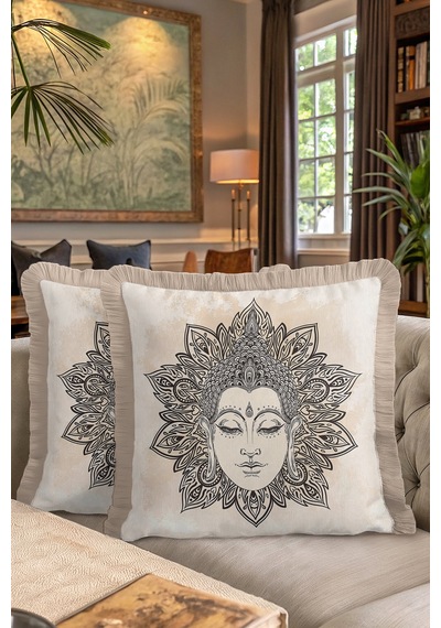Mandala Sanatlı Saçaklı Yastık Kılıfı - Spiritüel Bohem Buda Bej Püsküllü Kırlent Kılıfı Açık Deniz Platin