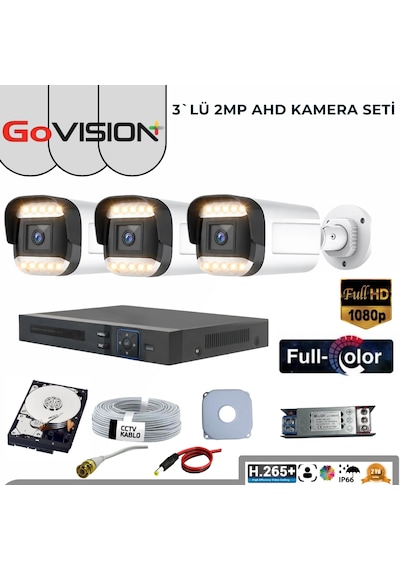 3 Kameralı 2mp 1080p,fullhd,warmled,fullcolor,su Geçirmez, 3'lü Ahd Bullet Kamera Seti