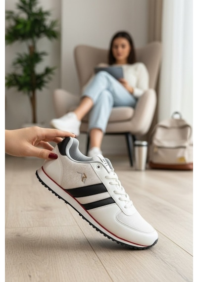 Enoch Erkek Spor Ayakkabı Beyaz Sneaker Siyah Şeritli Ve Kırmızı Detaylı Retro Yürüyüş Modeli Beyaz - Siyah