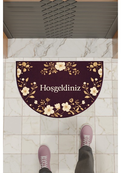 Rugmood Modern Dijital Paspas Bordo Çiçekli Yarım Ay Paspas - Kapı Önü Paspası