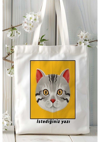 Art Hediye American Shorthair Kedi Baskılı Bez Çanta Omuz Çantası Kişiye Özel Model 13 Çok Renkli