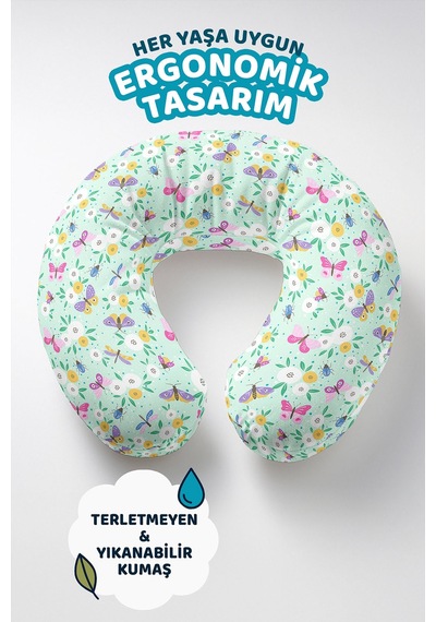 Kelebek Çiçek Desenli Pamuklu Boyun Yastığı - Pastel Yeşil Sarı Çocuk & Yetişkin Seyahat Yastığı Çok Renkli