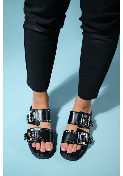 Luvishoes Zley Siyah Şeffaf Tokalı Kadın Terlik Siyah
