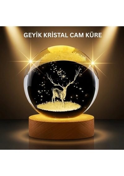 Hubrendy Tekno Led Işıklı Geyikli Kristal Küre Ahşap Standlı Modern Dekor Lamba