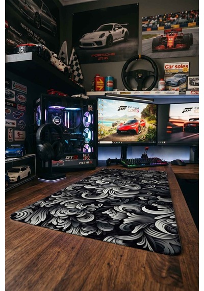 Siyah Beyaz Barok Çiçek Motifi 40x90 Cm Oyuncu Mousepad Kaymaz Taban Büyük Boy Mousepad