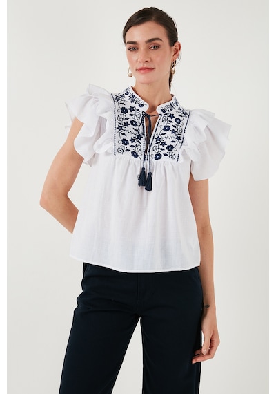 Lela Pamuklu Regular Fit Nakış Işlemeli Bayan Bluz 611Bz0253 Beyaz-Indigo
