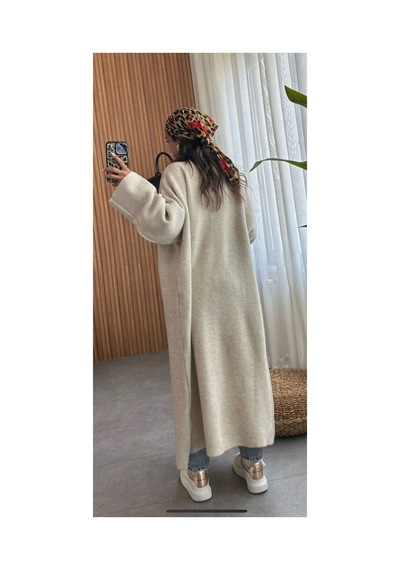 İkrafashion Maxi Boy Uzun Tesettür Triko Hırka Krem Krem