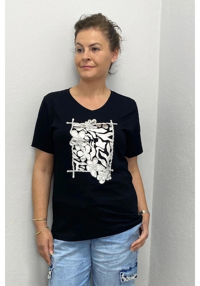 Kadın Siyah Gümüş Baskılı Tshirt Siyah