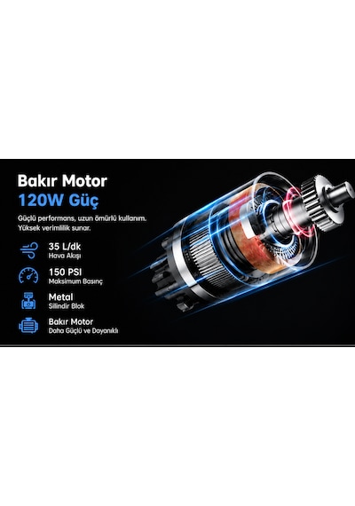 Kablosuz Hava Kompresörü 150 Psı 6000 Mah Dijital Lastik Şişirme Pompası 120w Led Ekranlı Taşınabilir -
