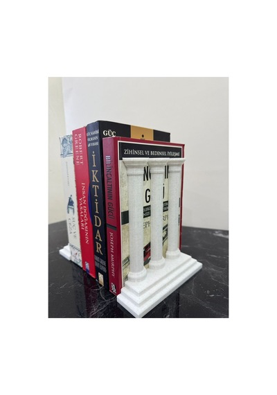 Dekoratif Roma Sütunu Kitap Tutucu İkili Set Mermer Beyaz Kitaplık