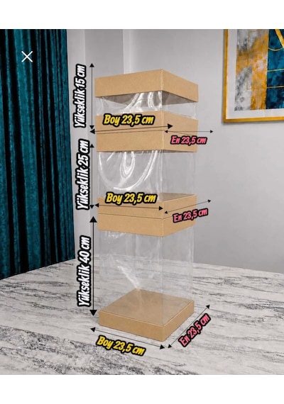 Asetat Gelin&damat Çeyiz Bohça Kutusu Kraft 3'lü Set 1 Takım Şeffaf Katlanabilir Demonte Söz Nişan Hediyelik Büyük 23,5 23,5 40cm Orta 23,5 23,5 25cm Küçük 23,5 23,5 15cm