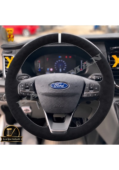 Ford Kuga Dikme Direksiyon Kılıfı Full Alcantara Süet Beyaz Yüzük Ve Beyaz Dikiş 2020-2026 Siyah