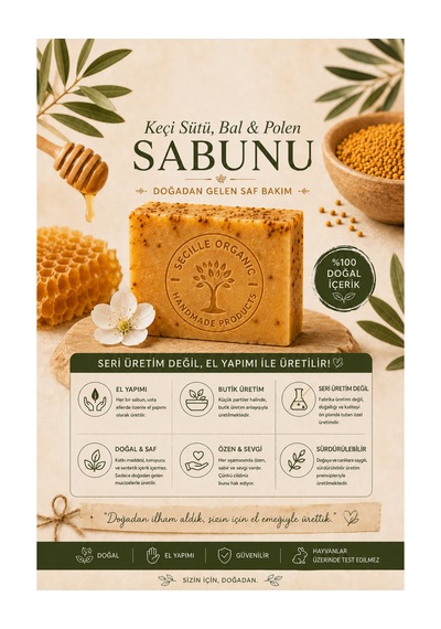 Secille Organic Soğuk Döküm Keçi Sütü Bal Ve Polen Sabunu 120g-el Yapımı Doğal Sabun