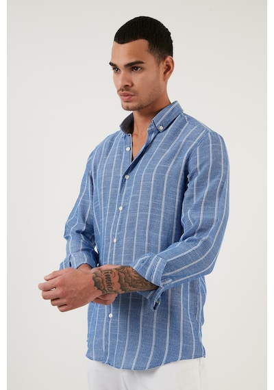 Buratti Pamuklu Çizgili Regular Fit Düğmeli Yaka Erkek Gömlek Cf21S112480 Saks-Beyaz