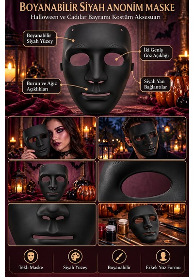 Halloween Siyah Anonim Erkek Yüz Maskesi Boyanabilir Cadılar Bayramı Partisi Ve Kostüm Aksesuarı