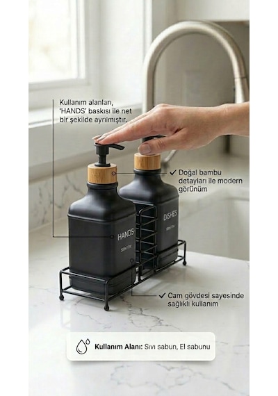 Makri Home Stantlı Bambu Kapaklı İkili Cam Sıvı Sabunluk & Deterjanlık Seti 2 500 Ml, 22,5 8,5 24 Cm Siyah