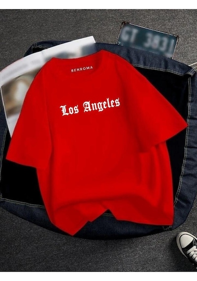Oversıze Los Angeles Baskılı Unısex Tisort Baskılı Kirmizi