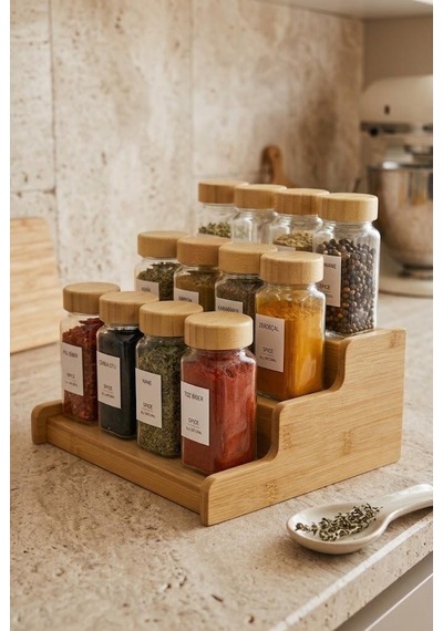 Atbyhome 13 Parça Bambu Standlı Baharatlık Seti - 12 Adet 120 Ml Cam Baharat Takımı Beyaz - Kahverengi