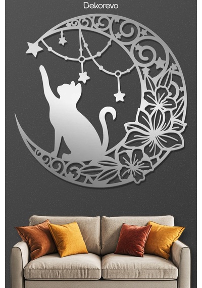 Floral Hilal Ve Kedi Silüeti Dekoratif Metal Tablo - Metal Duvar Sanatı - Krom - 75 X 75 Cm