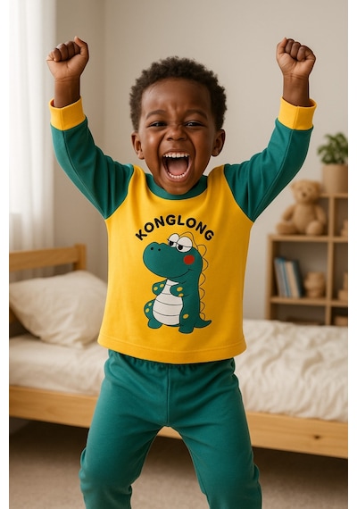 Aden Kids Çocuk Mevsimlik Penye Pijama Takımı Yeşil Beyaz