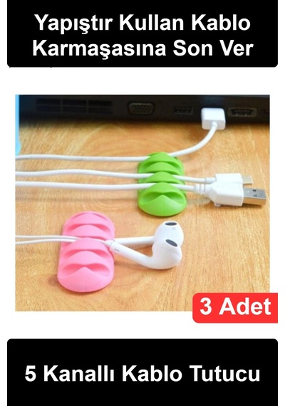 Kablotutucu Kablo Tutucu 5 Kanallı 3 Adet Yapışkanlı Masaüstü Düzenleyici Şarj Usb Kulaklık Organiz